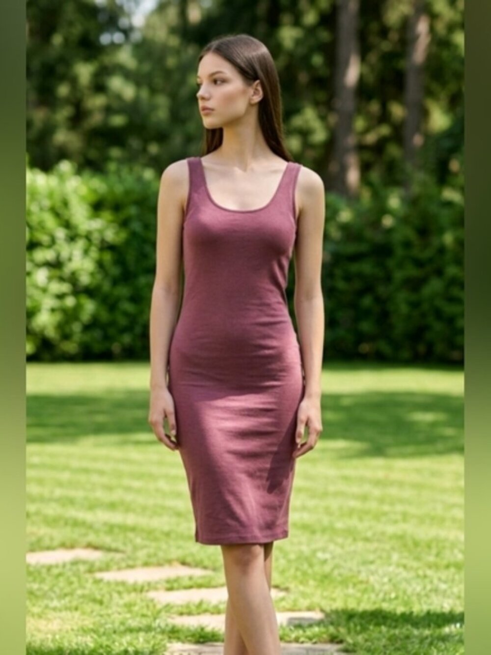 Peruvian Connection SZ M Mauve Bodycon Tank Dress Midi Fitted Stretch